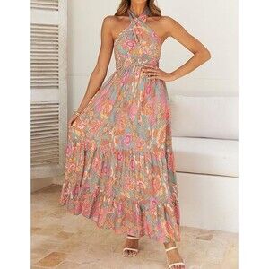 ZESICA Women Summer Halter Tie Neck Sleeveless Retro Floral Maxi Dress XL